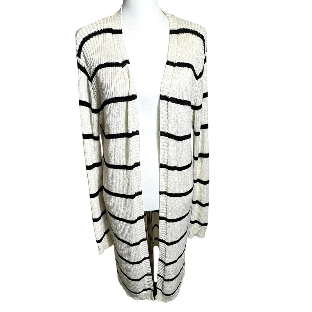 DOE & RAE Women Medium Cream Black Stripe Long Open Cardigan Sweater Ribbed Knit